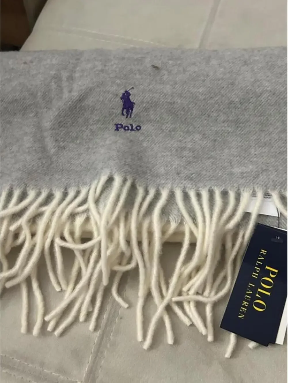 NWT Polo Ralph Lauren gray & white scarf with purple pony logo and fringe
